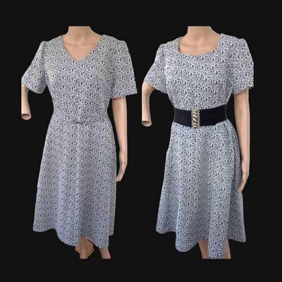 60s Mod Black Silver Metallic Print Dress Polyester Vintage L XL 40 Bust - Picture 3 of 10